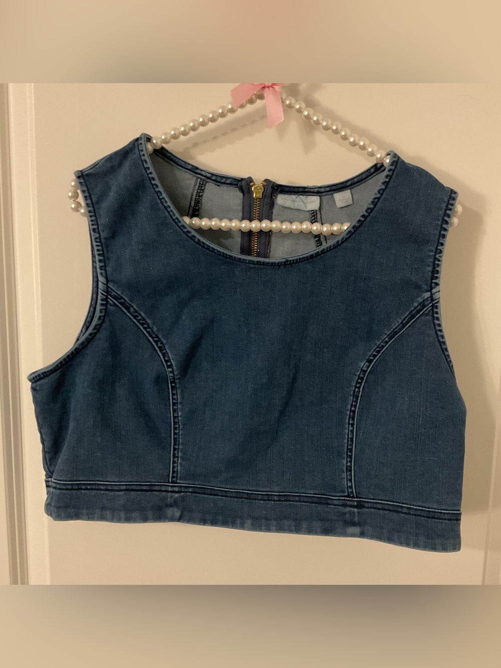 New York & Company Blue Denim Crop Tank Top Back Zipper